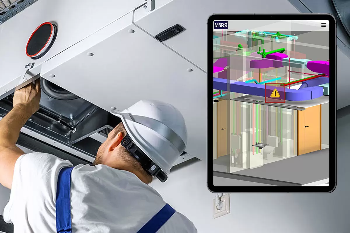 Engineer performing maintenance on HVAC system with a tablet displaying a 7D BIM model, highlighting areas of attention in the building’s infrastructure